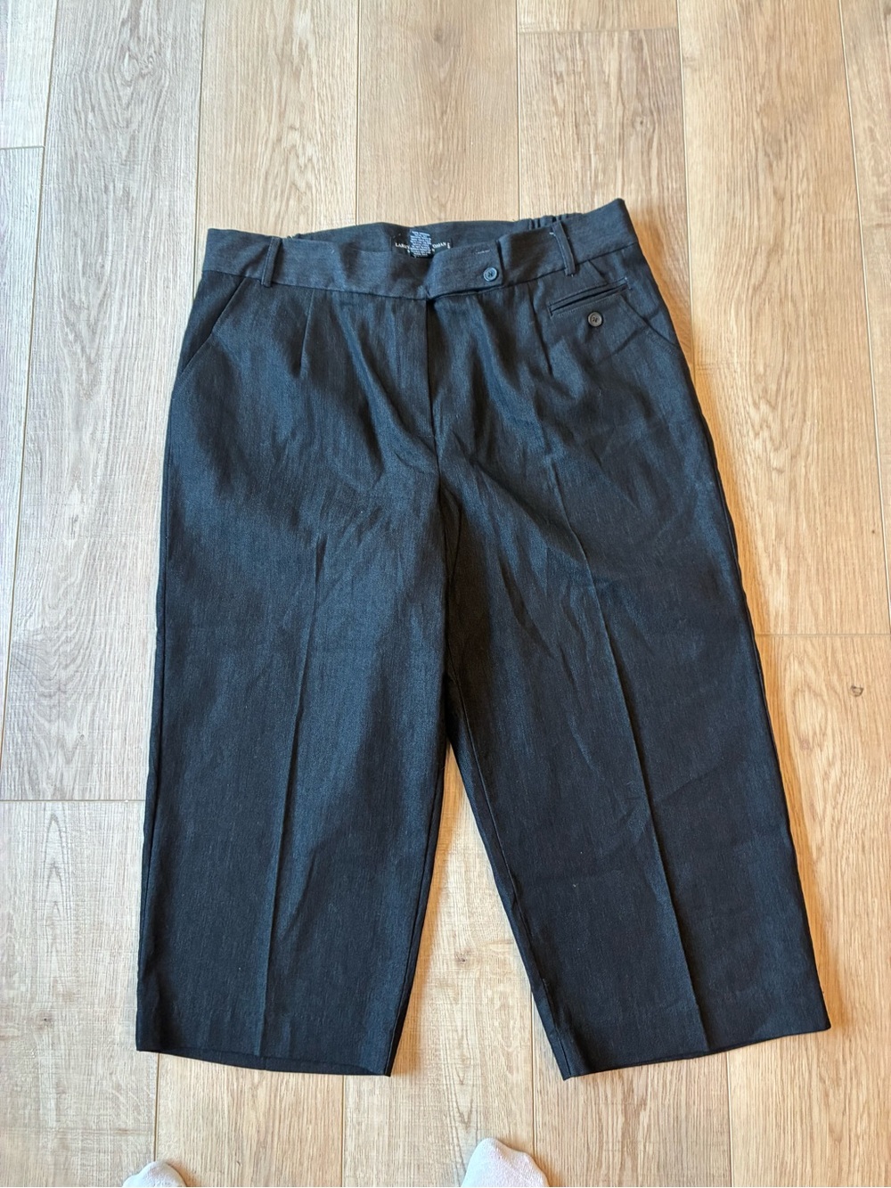 Larry Levine stretch wide leg ankle crop Black Dress Pants pockets office fall